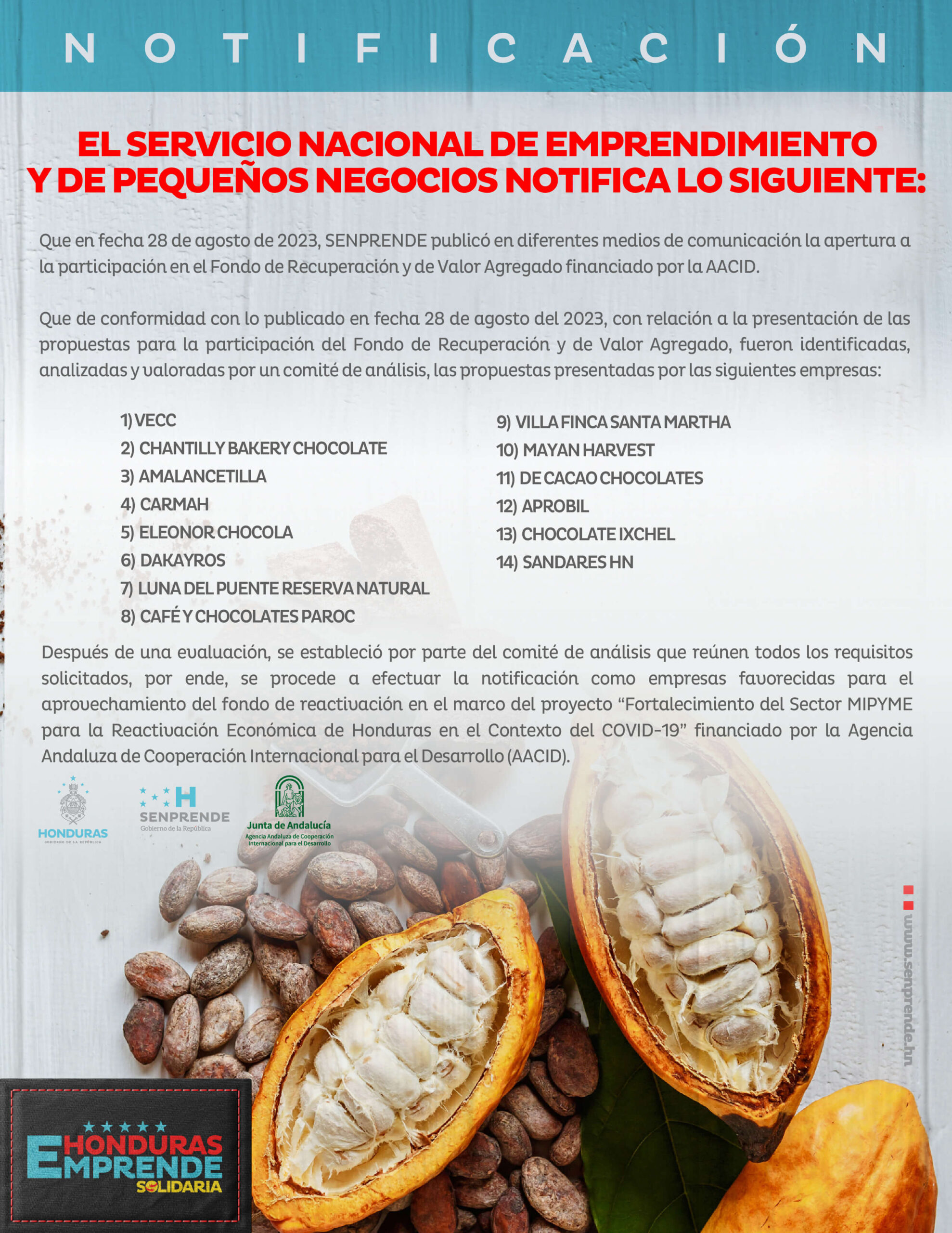 Resolución del Concurso para el Fondo de Recuperación y Valor Agregado Financiado por la AACID